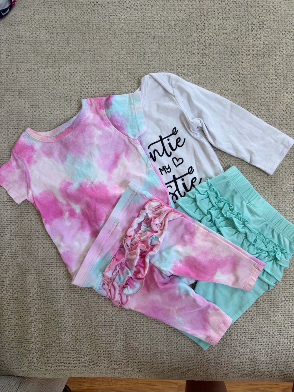 Girls' Pink & Mint Tie-Dye Ruffle Shirt /pant Set with White Graphic onesie